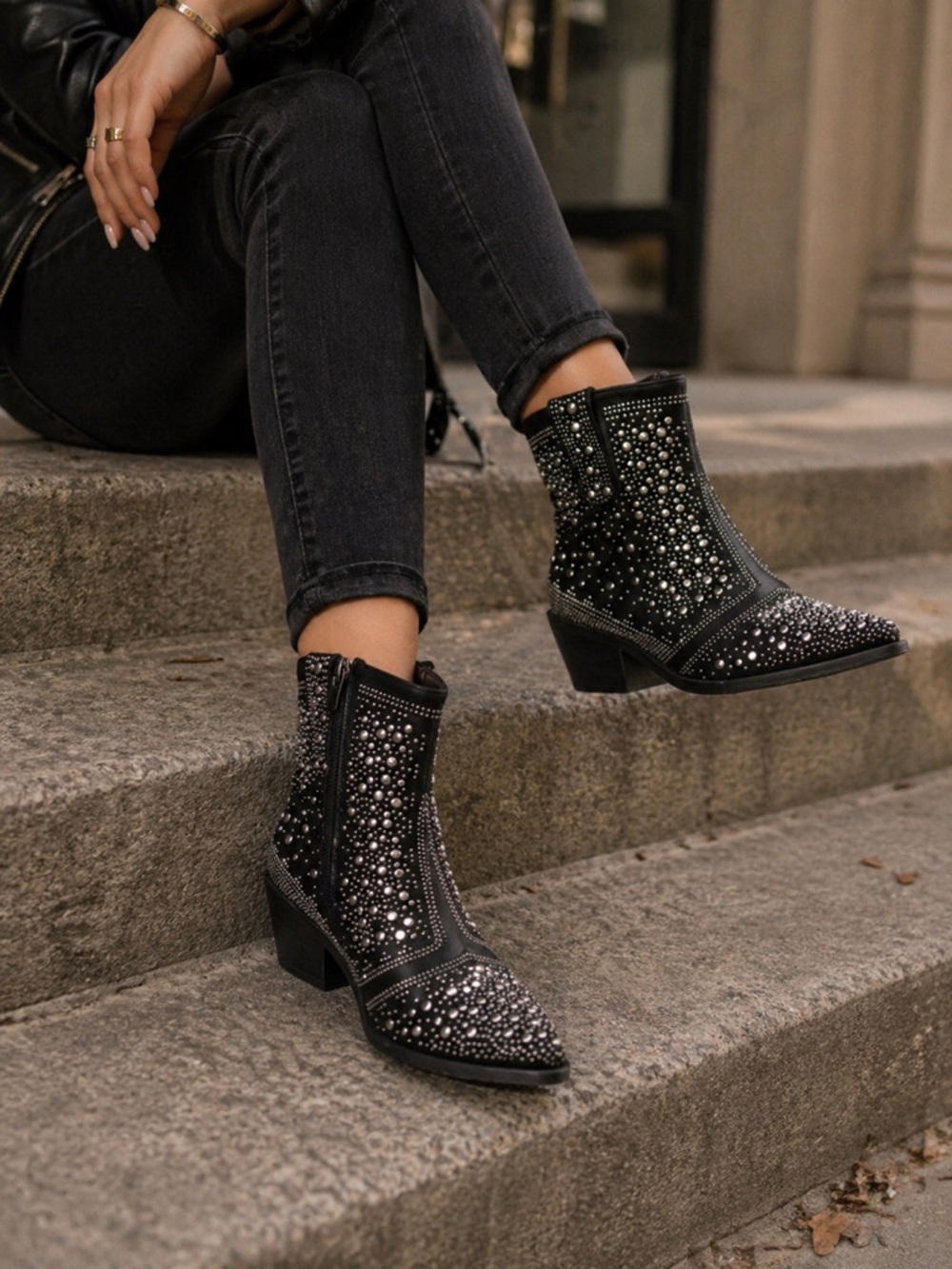 ISOM Black Studded Rhinestone Western Ankle Boots Cowboy Booties